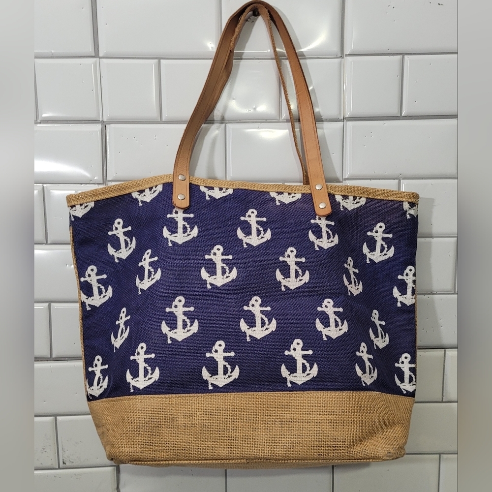 Earthbags Large Jute Burlap Tote Leather Shoulder Straps Zip Closure Nautical Th